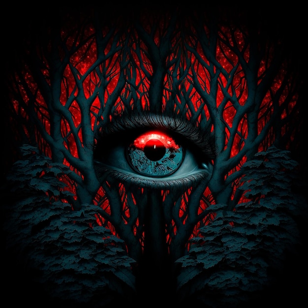 Grandes ojos rojos contra el fondo de un bosque místico sombrío