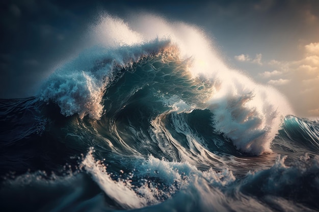 Grandes olas en un océano tormentoso con rayos de sol vertiéndose a través del agua en el fondo de las nubes al amanecer o al atardecer