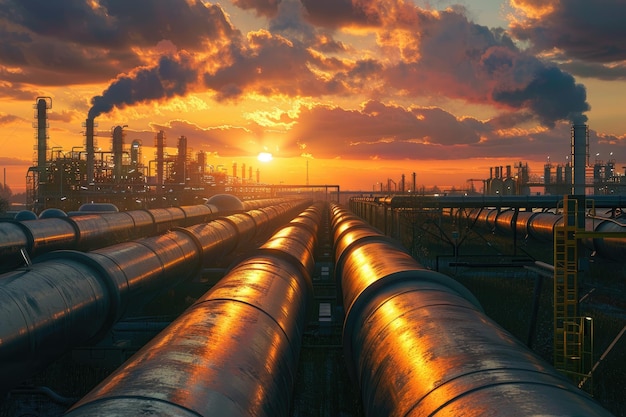 Foto grandes oleodutos e gasodutos no processo de refinação de petróleo e de circulação de petróleo e gás