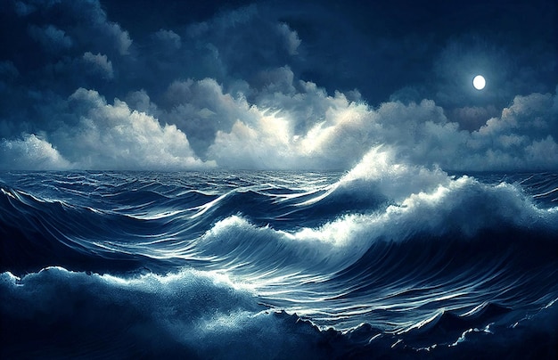 Grandes ondas do oceano e à noite Mar tempestuoso à noite Ilustração de arte impressionante