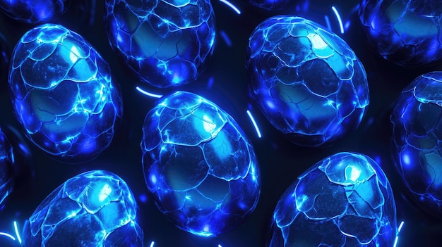 Grandes ovos de Páscoa azuis texturizados com vista superior de luz neon brilhante