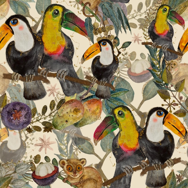 Grandes pájaros coloridos de Tucán Mango y planta de frutas tropicales acuarela sin costuras patrón de selva tropical
