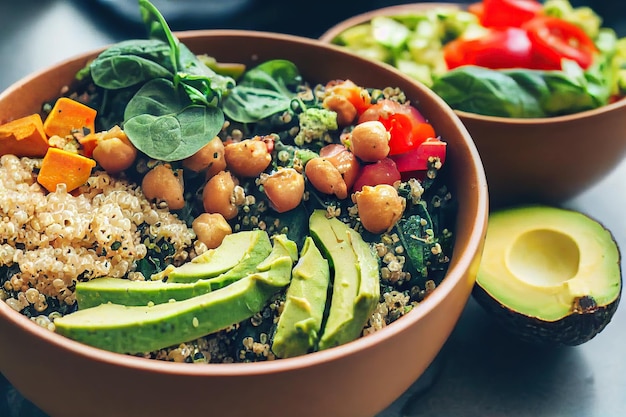 Foto grandes pedaços de abacate levemente verdes em salada de quinoa caseira fresca