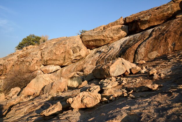 Grandes pedras estão espalhadas ao longo da encosta rochosa da montanha Céu azul acima