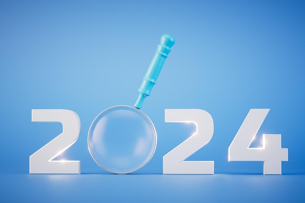 Grandes planes para 2024 La inscripción 2024 con una lupa en lugar de una representación 3D cero