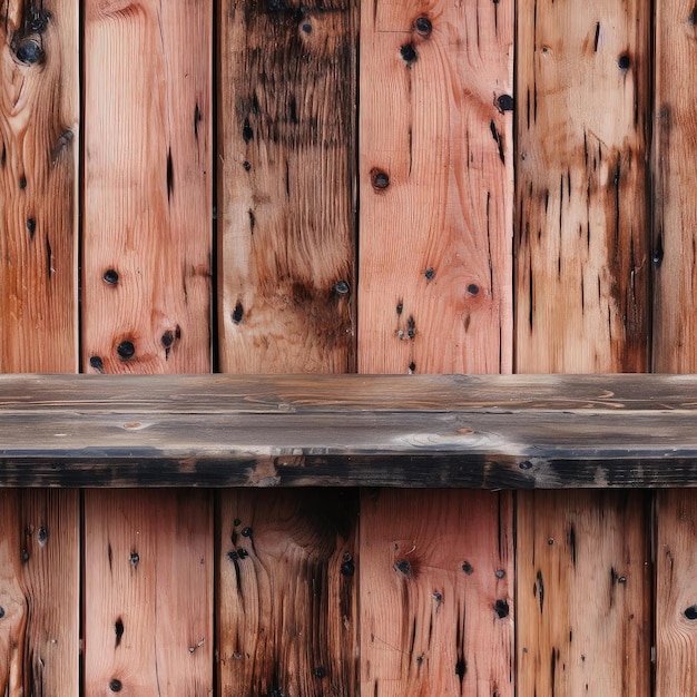 Grandes prateleiras de madeira contra uma parede de madeira com pregos escuros azulejos