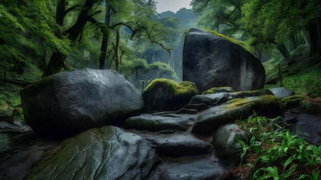 Foto grandes rocas en el bosque húmedo de los cárpatos