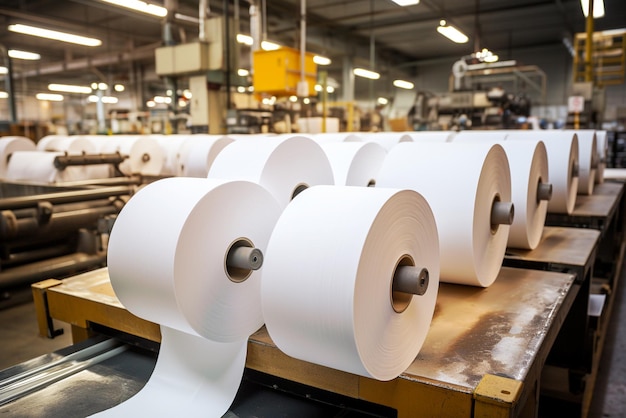 Foto grandes rollos de papel térmico producidos en una fábrica de molinos, máquina cortadora industrial