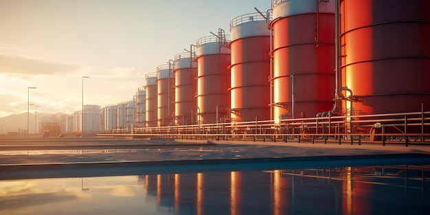 Grandes tanques de almacenamiento y silos utilizados para el almacenamiento de materias primas en una instalación industrial