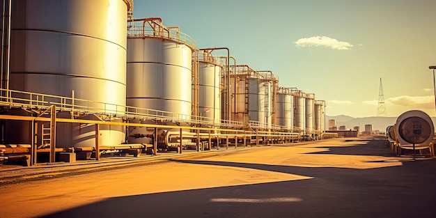 Grandes tanques de almacenamiento y silos utilizados para el almacenamiento de materias primas en una instalación industrial