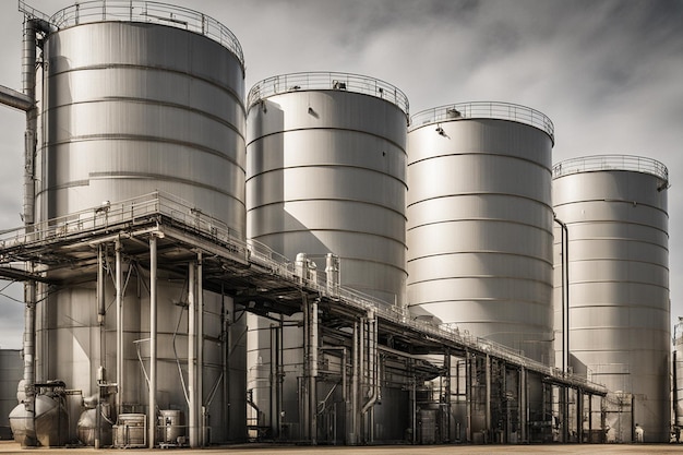 a Grandes tanques de almacenamiento y silos utilizados para almacenar materias primas Los barriles están afuera con la puesta del sol y se