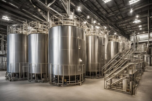 a Grandes tanques de almacenamiento y silos utilizados para almacenar materias primas Los barriles están afuera con la puesta del sol y se