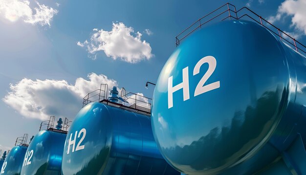 Foto grandes tanques de armazenamento com etiquetas de h2 e hidrogénio sobre um fundo de céu azul