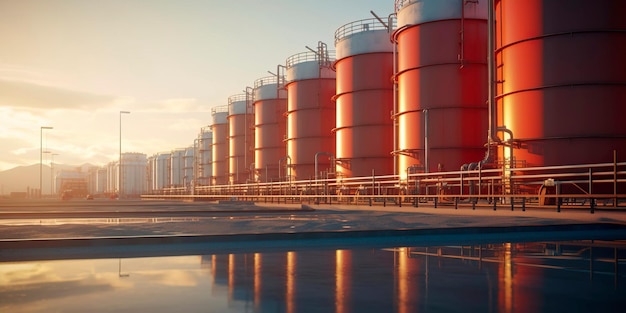 Grandes tanques de armazenamento e silos utilizados para o armazenamento de matérias-primas numa instalação industrial