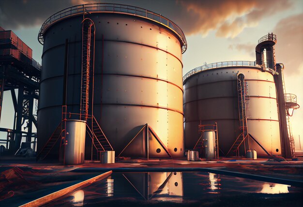 Grandes tanques industriales de petróleo en una planta industrial de base de refinería