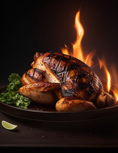 Foto los grandes trozos de pollo a la parrilla generan una luz misteriosa que ilumina un fondo oscuro.