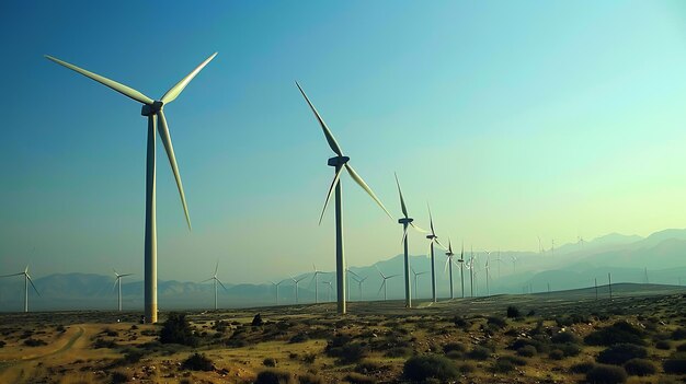 Grandes turbinas eólicas erguem-se no deserto gerando energia limpa