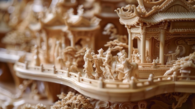 La grandeza de la escena está capturada en exquisitos detalles cada tallado intrincado y adorno delicado hablando de la rica herencia cultural de la antigua China