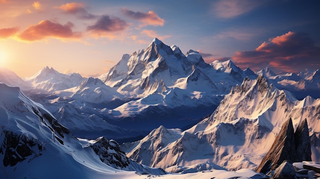 la grandeza de los picos de las montañas cubiertos de nieve iluminados por los suaves tonos de un amanecer radiante elevándose contra un cielo azul claro estas majestuosas montañas se destacan como el esplendor y la resistencia de la naturaleza