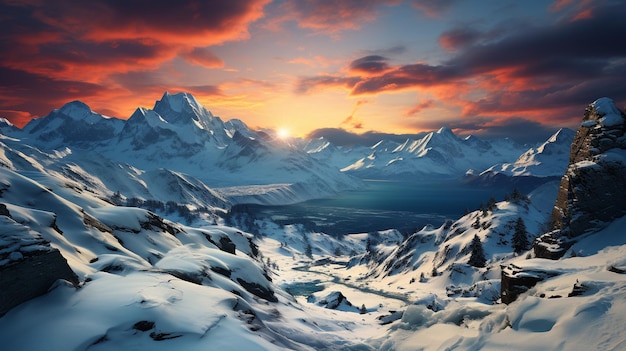 la grandeza de los picos de las montañas cubiertos de nieve iluminados por los suaves tonos de un amanecer radiante elevándose contra un cielo azul claro estas majestuosas montañas se destacan como el esplendor y la resistencia de la naturaleza