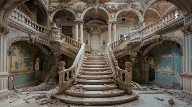 Una grandiosa y majestuosa escalera en ruinas con sus ornamentadas tallas y detalles ahora desvanecidos y agrietados