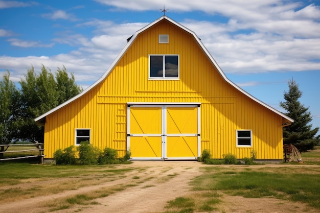 Granero amarillo construido en una granja en verano