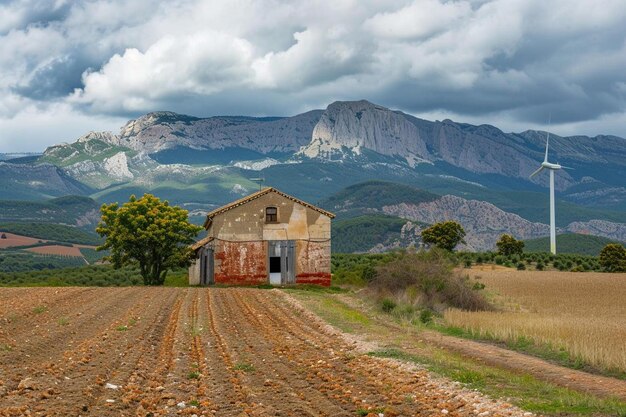 Foto un granero en un campo con montañas en el fondo