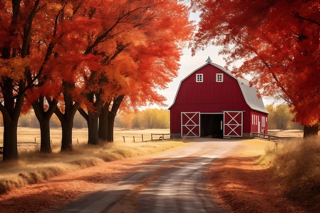 Un granero rojo rodeado de árboles de otoño