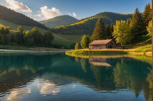 Foto un granero rústico junto a un lago reflectante en el valle