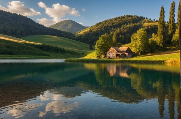 Foto un granero rústico junto a un lago reflectante en el valle