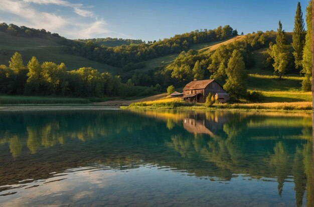 Un granero rústico junto a un lago reflectante en el valle