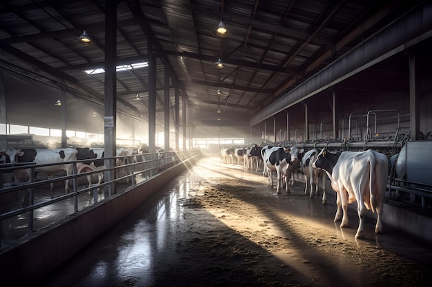 Un granero con vacas y el sol brillando en el techo