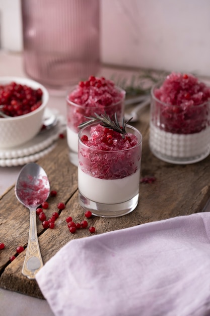 Foto granizado de grosella roja en ángulo alto con panacota