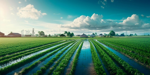 Granja agrícola extensa con campos de cultivos tractores y maquinaria involucrados en la producción de alimentos para una población creciente