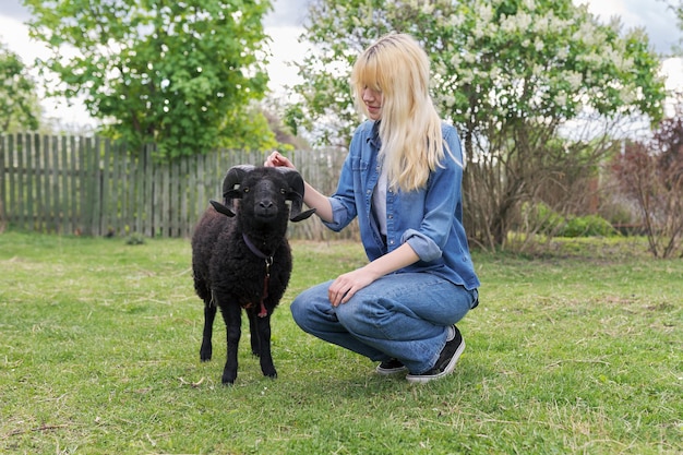 Granja de animales pequeños de estilo rústico joven adolescente jugar tocar carnero negro