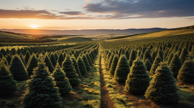 Una granja de árboles de Navidad vista desde arriba al atardecer contra un cielo colorido