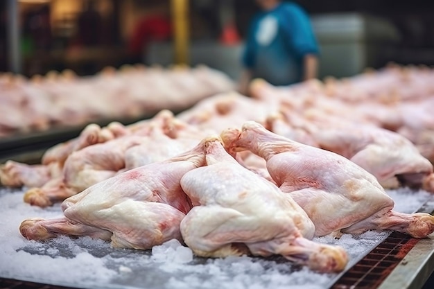 Foto granja avícola producción de carne de pollo producción industrial y envasado de carne de pollo canales y lomos de pollo industria alimentaria moderna