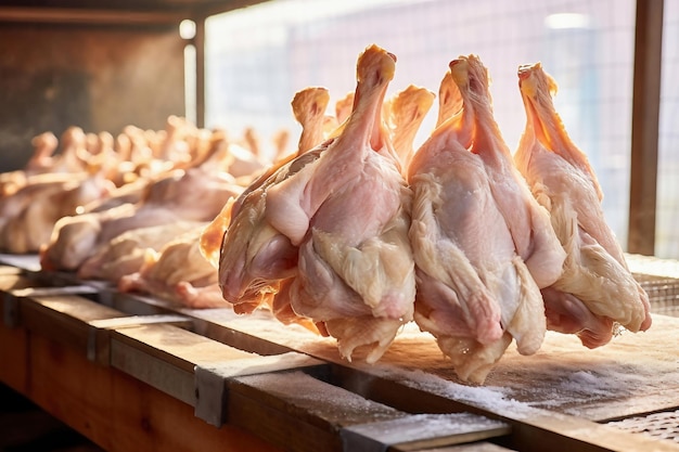 Foto granja avícola producción de carne de pollo producción industrial y envasado de carne de pollo canales y lomos de pollo industria alimentaria moderna