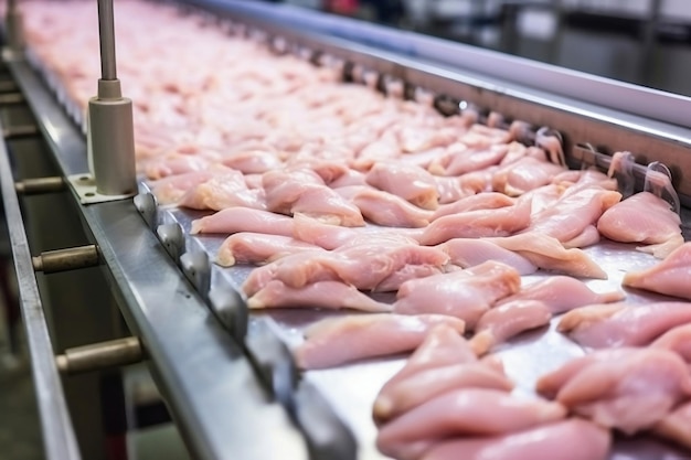 Granja avícola para la producción de carne de pollo Producción industrial y envasado de carne de pollo Filete de pollo y lomo en un transportador en el taller de la industria alimentaria moderna