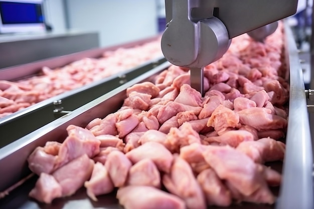 Granja avícola para la producción de carne de pollo Producción industrial y envasado de carne de pollo Filete de pollo y lomo en un transportador en el taller de la industria alimentaria moderna