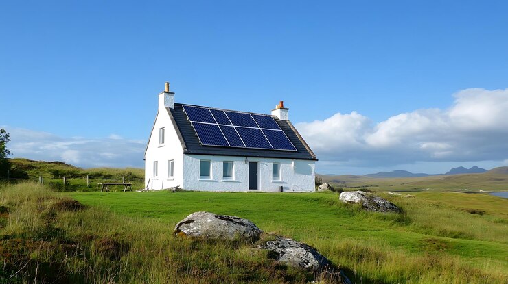 Una granja blanca con panel solar en el techo con cielo azul y nubes blancas en el fondo