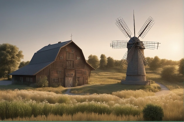 granja de campo de verano con molino de viento