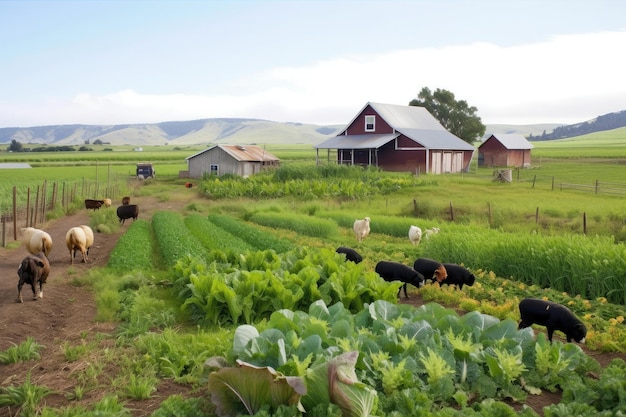 Una granja con cultivos y ganado que crece y prospera en los campos creados con ai generativa