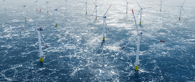 Granja de energía y energía eólica marina con muchas turbinas eólicas en el océano