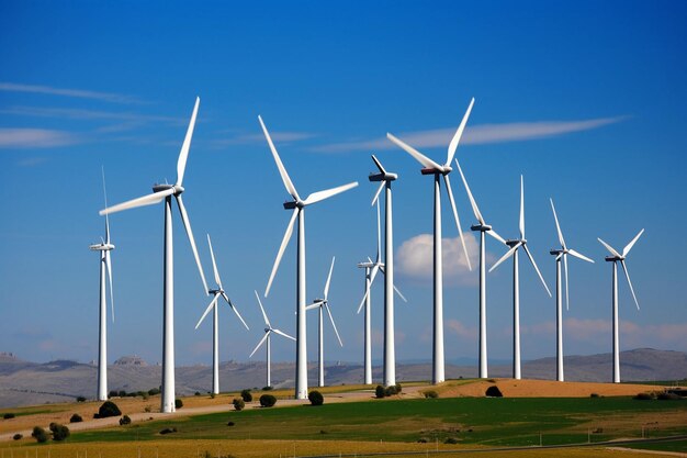 Granja de energía y energía eólica marina con muchas turbinas eólicas en el océano