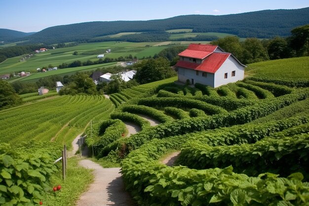 Granja de frambuesas con un sendero sinuoso a través de los campos