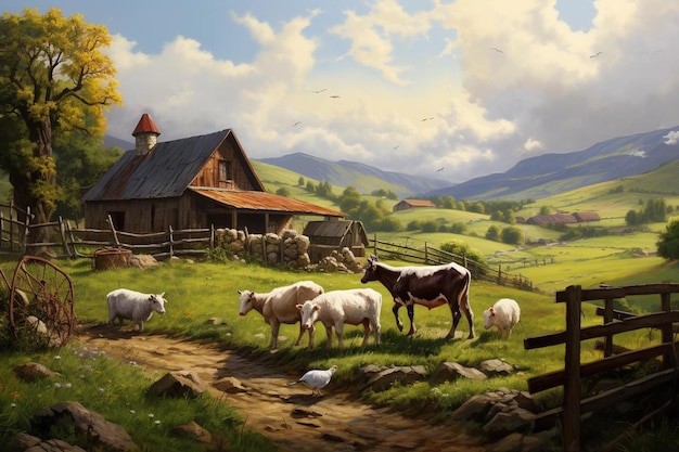 Una granja con granero y ovejas en la colina.
