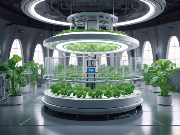 Foto granja de hortalizas orgánicas fábrica de plantas de hortalizas hidropónicas planta futurista sala de laboratorio hidropónica en la nave espacial con podio circular