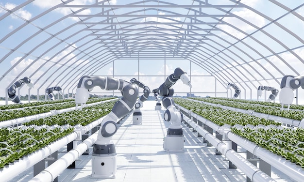 Granja inteligente con manos robóticas que cultivan y cosechan verduras en invernadero con fondo de cielo Tecnología innovadora y concepto de agricultura Ilustración 3D