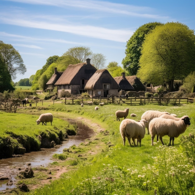 Granja medieval con cabañas con techo de paja y ganado pastando